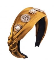 Luxurious Fashion Rhinestone and Pearl Embellished Cloth Women Hair Hoop - Yellow