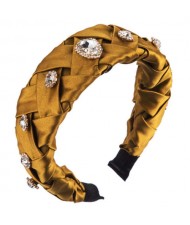 Glistening Glass Gems Decorated Weaving Pattern Fashion Cloth Women Hair Hoop - Yellow