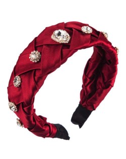 Glistening Glass Gems Decorated Weaving Pattern Fashion Cloth Women Hair Hoop - Red