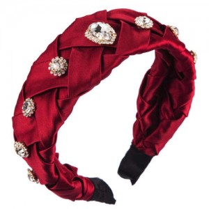 Glistening Glass Gems Decorated Weaving Pattern Fashion Cloth Women Hair Hoop - Red