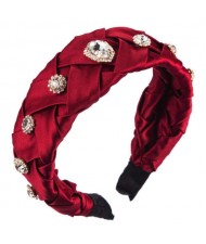 Glistening Glass Gems Decorated Weaving Pattern Fashion Cloth Women Hair Hoop - Red