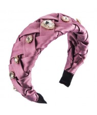 Glistening Glass Gems Decorated Weaving Pattern Fashion Cloth Women Hair Hoop - Purple