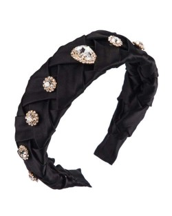 Glistening Glass Gems Decorated Weaving Pattern Fashion Cloth Women Hair Hoop - Black