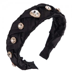 Glistening Glass Gems Decorated Weaving Pattern Fashion Cloth Women Hair Hoop - Black