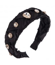 Glistening Glass Gems Decorated Weaving Pattern Fashion Cloth Women Hair Hoop - Black