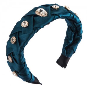 Glistening Glass Gems Decorated Weaving Pattern Fashion Cloth Women Hair Hoop - Ink Green