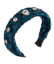 Glistening Glass Gems Decorated Weaving Pattern Fashion Cloth Women Hair Hoop - Ink Green