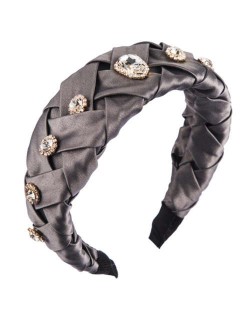 Glistening Glass Gems Decorated Weaving Pattern Fashion Cloth Women Hair Hoop - Gray