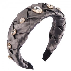 Glistening Glass Gems Decorated Weaving Pattern Fashion Cloth Women Hair Hoop - Gray