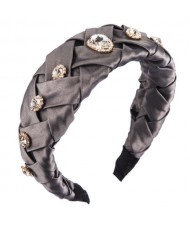 Glistening Glass Gems Decorated Weaving Pattern Fashion Cloth Women Hair Hoop - Gray