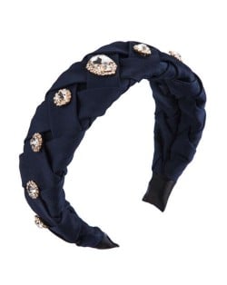 Glistening Glass Gems Decorated Weaving Pattern Fashion Cloth Women Hair Hoop - Dark Blue