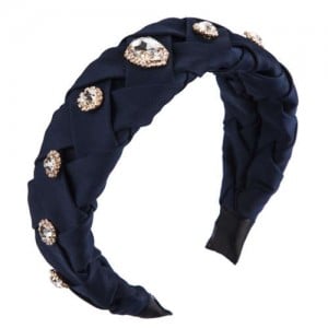 Glistening Glass Gems Decorated Weaving Pattern Fashion Cloth Women Hair Hoop - Dark Blue