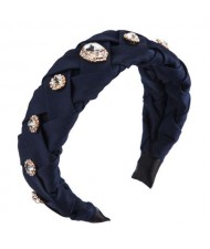 Glistening Glass Gems Decorated Weaving Pattern Fashion Cloth Women Hair Hoop - Dark Blue