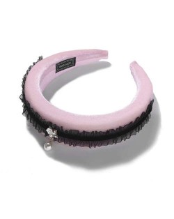 Black Lace and Pearl Decorated Pink Velvet Women Hair Hoop