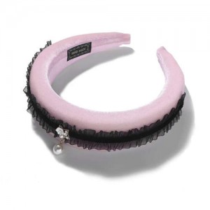 Black Lace and Pearl Decorated Pink Velvet Women Hair Hoop