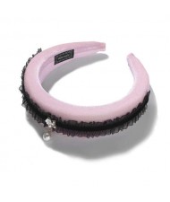 Black Lace and Pearl Decorated Pink Velvet Women Hair Hoop