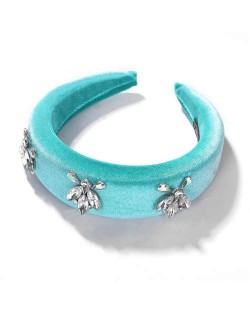 Rhinestone Flowers Embellished Teal Color Velvet Women Hair Hoop