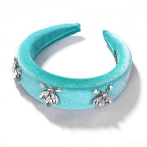 Rhinestone Flowers Embellished Teal Color Velvet Women Hair Hoop