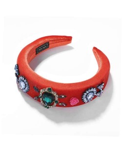 High Fashion Gem and Flowers Decorated Red Velvet Women Hair Hoop