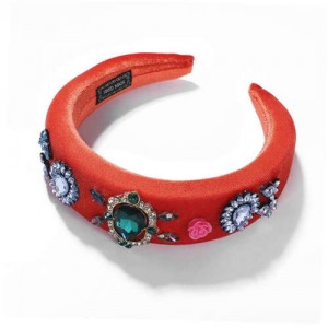 High Fashion Gem and Flowers Decorated Red Velvet Women Hair Hoop