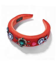 High Fashion Gem and Flowers Decorated Red Velvet Women Hair Hoop
