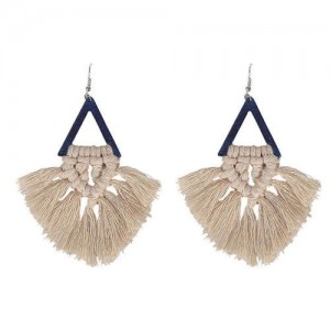 Cotton Threads Triangle Shape Handmade Women Fashion Earrings - Khaki and Black