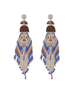 Bohemian Fashion Beads Long Tassel Bold Style Women Statement Earrings - Blue