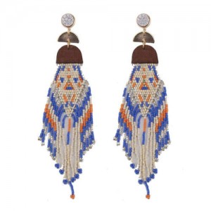 Bohemian Fashion Beads Long Tassel Bold Style Women Statement Earrings - Blue