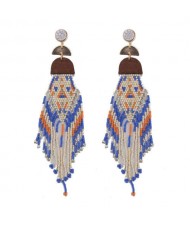 Bohemian Fashion Beads Long Tassel Bold Style Women Statement Earrings - Blue