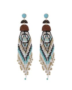 Bohemian Fashion Beads Long Tassel Bold Style Women Statement Earrings - Teal