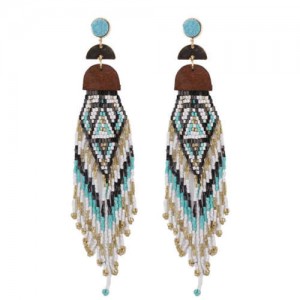 Bohemian Fashion Beads Long Tassel Bold Style Women Statement Earrings - Teal