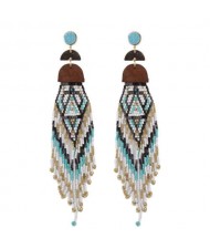 Bohemian Fashion Beads Long Tassel Bold Style Women Statement Earrings - Teal