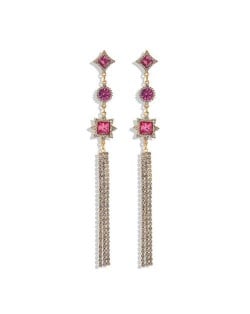 Glistening Ruby Embellished Long Tassel High Fashion Women Costume Earrings