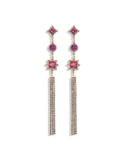 Glistening Ruby Embellished Long Tassel High Fashion Women Costume Earrings