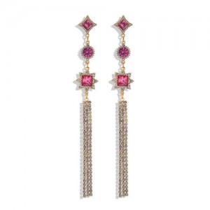 Glistening Ruby Embellished Long Tassel High Fashion Women Costume Earrings