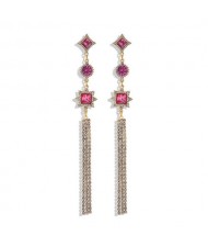 Glistening Ruby Embellished Long Tassel High Fashion Women Costume Earrings