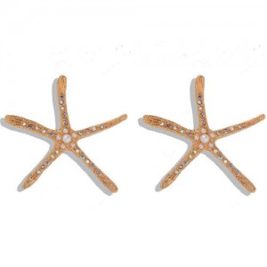 Rhinestone Inlaid Starfish Design High Fashion Party Style Women Statement Earrings - Luminous White