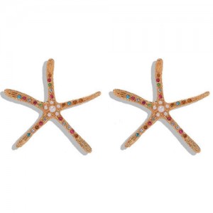 Rhinestone Inlaid Starfish Design High Fashion Party Style Women Statement Earrings - Multicolor