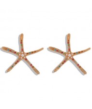 Rhinestone Inlaid Starfish Design High Fashion Party Style Women Statement Earrings - Multicolor