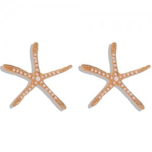 Rhinestone Inlaid Starfish Design High Fashion Party Style Women Statement Earrings - White