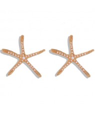 Rhinestone Inlaid Starfish Design High Fashion Party Style Women Statement Earrings - White