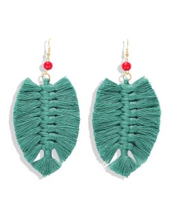 Palm Tree Leaves Design Cotton Threads Weaving Tassel Women Fashion Statement Earrings - Green