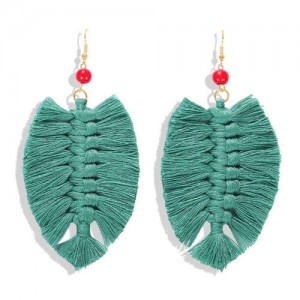 Palm Tree Leaves Design Cotton Threads Weaving Tassel Women Fashion Statement Earrings - Green