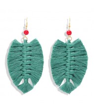Palm Tree Leaves Design Cotton Threads Weaving Tassel Women Fashion Statement Earrings - Green