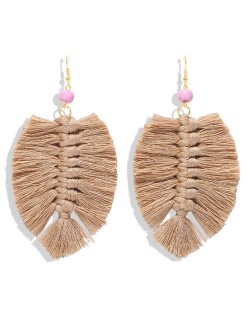 Palm Tree Leaves Design Cotton Threads Weaving Tassel Women Fashion Statement Earrings - Brown