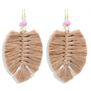 Palm Tree Leaves Design Cotton Threads Weaving Tassel Women Fashion Statement Earrings - Brown