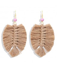 Palm Tree Leaves Design Cotton Threads Weaving Tassel Women Fashion Statement Earrings - Brown