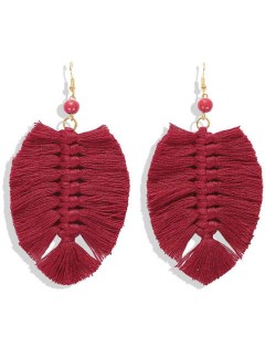 Palm Tree Leaves Design Cotton Threads Weaving Tassel Women Fashion Statement Earrings - Red