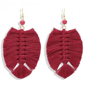 Palm Tree Leaves Design Cotton Threads Weaving Tassel Women Fashion Statement Earrings - Red