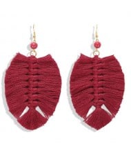 Palm Tree Leaves Design Cotton Threads Weaving Tassel Women Fashion Statement Earrings - Red